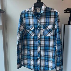 Men's Blue Gear Plaid Long-Sleeve Button-Down Shirt - Slim Fit Medium
